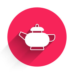 White Traditional Chinese tea ceremony icon isolated with long shadow background. Teapot with cup. Red circle button. Vector