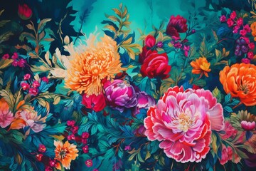 A vibrant floral painting with a trippy background and patterned wallpaper. Generative AI