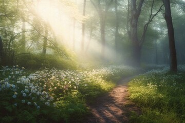 A forest painting with a path, flowers and trees with a foggy sky and sun shine. Generative AI