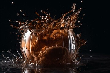 Splashing brown liquid drink in motion. Generative AI