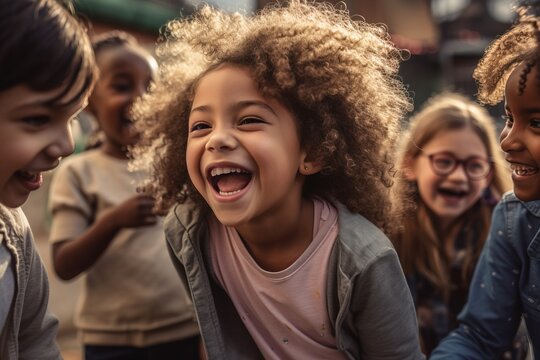 A heartwarming photo of a diverse group of children with various abilities, playing and laughing together in an inclusive playground, showcasing their genuine happiness. Generative AI