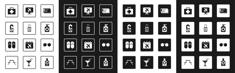 Set Travel ticket, Suitcase, Please do not disturb, First aid kit, Sunscreen spray bottle, Speech bubble with airplane, Glasses and Flip flops icon. Vector