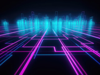 3d render, glowing lines, tunnel, neon lights, virtual reality, abstract background, square portal, arch, pink blue spectrum vibrant colors, laser show, generative ai