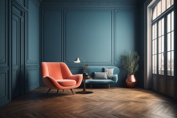 Sleek living room with blue armchair, coral wall, and wood floor. 3D rendering. Generative AI