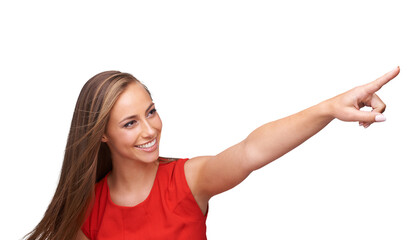 Happy, png and woman with opportunity, pointing and confident lady isolated against a transparent background. Female person, model and girl with hand gesture, promotion and choice with happiness