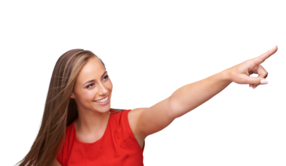 Happy, png and woman with opportunity, pointing and confident lady isolated against a transparent background. Female person, model and girl with hand gesture, promotion and choice with happiness