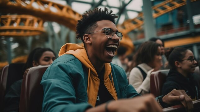 A thrilling photograph of a black teenager enjoying a roller coaster ride at an amusement park, showcasing the exhilaration of immersive entertainment experiences. Generative AI