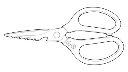 Coloring page. Silver kitchen scissors. Isolated on white background