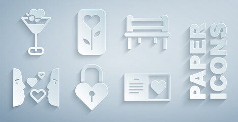 Set Castle in the shape of a heart, Romantic bench, Love at first sight, Valentines day party flyer, Flower rose and Martini glass icon. Vector