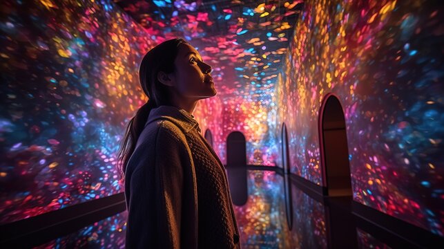 An awe-inspiring image of a person watching a 3D projection mapping show, capturing the wonder and excitement of immersive visual experiences. Generative AI