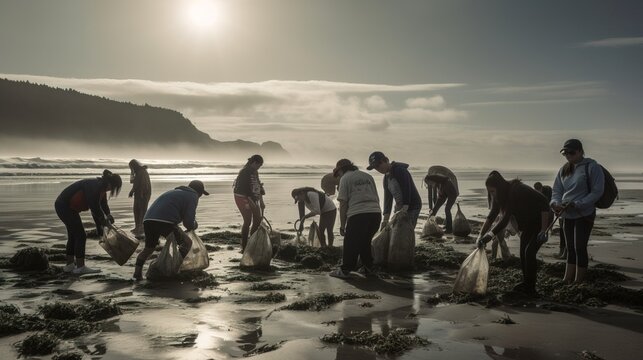 An inspiring image of a group of volunteers participating in a beach cleanup, emphasizing the significance of protecting our natural surroundings. Generative AI