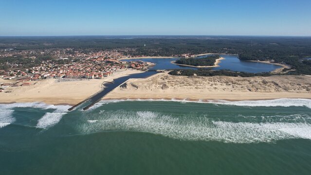 Aerial view from the west of the seaside town of Vieux Boucau with its sea lake and mouth