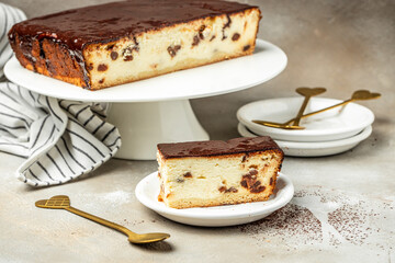 cheesecake, Classic cheesecake slice poured with chocolate sauce, Restaurant menu, dieting, cookbook recipe top view