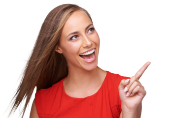 Happy, excited and woman pointing, thinking and ideas isolated on a transparent background. Female person, model or girl with hand gesture, excitement and direction with decision, png and opportunity