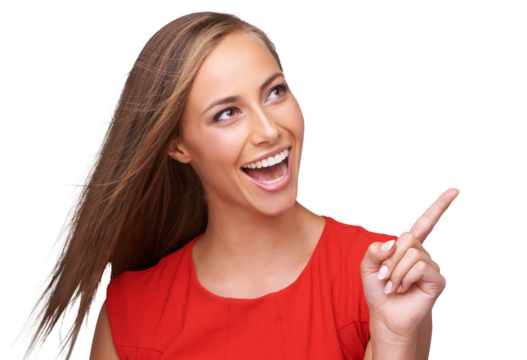 Happy, excited and woman pointing, thinking and ideas isolated on a transparent background. Female person, model or girl with hand gesture, excitement and direction with decision, png and opportunity