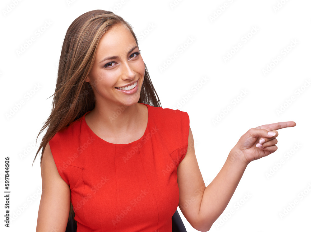 Sticker Portrait, smile and woman with opportunity, pointing and choice isolated against transparent background. Face, female person and girl with happiness, hand gesture and decision with png and motivation