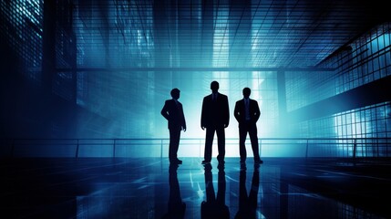 Fototapeta na wymiar Silhouettes of three business persons team on blue skyscraper background. Generative AI.