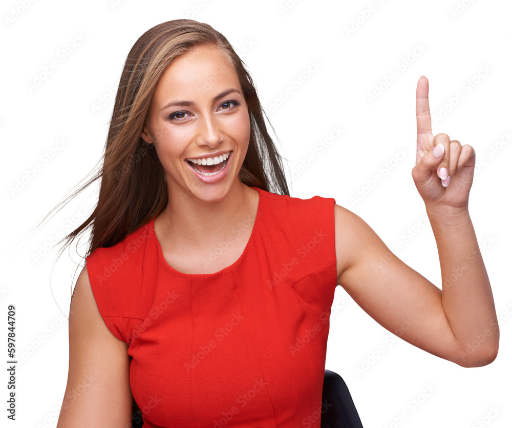 Canvas Prints Portrait of woman, happy and pointing up with finger isolated on a transparent png background. Face, hand gesture and female model point to promotion, advertising or marketing, branding or commercial