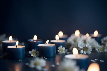 Background of All Souls' Day, with candles and flowers. Wallpaper illustration. Front View with copy space for text information or content. Concept of Soul, dead, holiday. Generative AI.