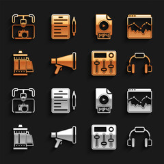 Set Megaphone, Music wave equalizer, Headphones, Sound mixer controller, Camera cartridge, MP4 file document, Gimbal stabilizer with camera and Scenario icon. Vector