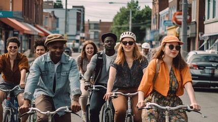 Obraz na płótnie Canvas A vibrant image of a diverse group of people enjoying a group bike ride in the city, showcasing inclusivity and empowerment. Generative AI