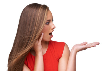 Surprise, amazed and woman with a pointing hand for advertising, marketing or creativity. Shock, excited and female model with wow, wtf or omg face expression isolated by a transparent png background