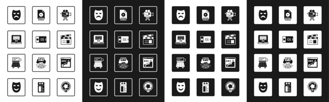 Set Retro cinema camera, Photo and video shooting, Video recorder on laptop, Drama theatrical mask, Movie clapper, MOV file document, Histogram graph photography and typewriter icon. Vector