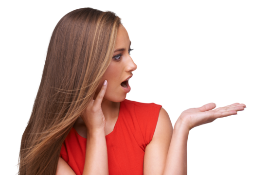 Surprise, amazed and woman with a pointing hand for advertising, marketing or creativity. Shock, excited and female model with wow, wtf or omg face expression isolated by a transparent png background