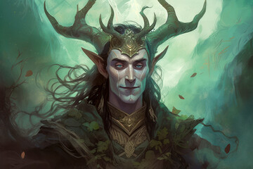 Enigmatic Loki - Norse Trickster God in Grotesque Fantasy Illustration, Captivating Yet Unsettling, Shapeshifting Deceiver Surrounded by Ethereal Creatures - obrazy, fototapety, plakaty