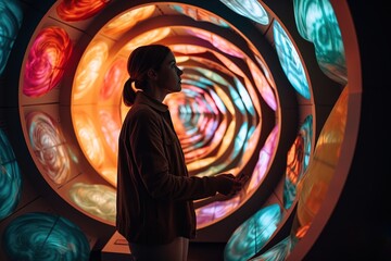 A captivating photograph of a person exploring an interactive art exhibit, emphasizing the power of immersive experiences to inspire and engage. Generative AI - obrazy, fototapety, plakaty
