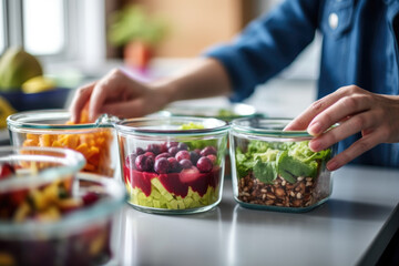 Woman putting cut fruit and vegetable into box and containers,  closeup. Generative AI.