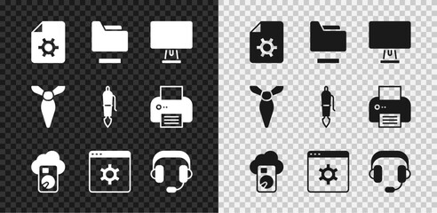 Set Document settings, folder, Computer monitor, Cloud database, Browser, Headphones, Tie and Fountain pen nib icon. Vector