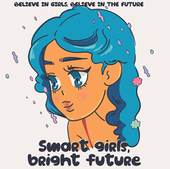 person with hair, Anime Girl illustration with slogan.  Vector graphic design for t-shirt. Cute girl drawing.