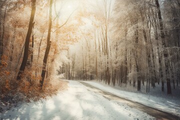 Watercolor forest winter road with snow background. Generative AI