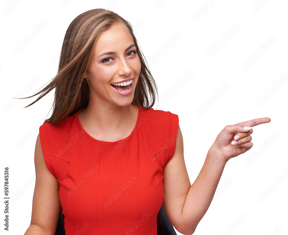 Wall mural Portrait, decision and woman showing, pointing and confident girl isolated against transparent background. Face, female person or lady with a smile, hand gesture and opportunity with happiness or png