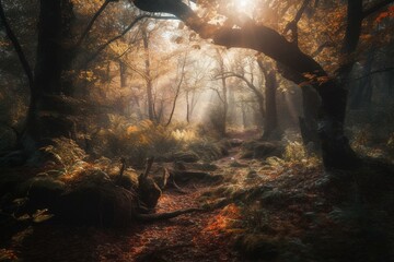Enchanting woodland scenery of ethereal charm. Generative AI