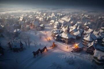Winter wonderland with Santa in sleigh flying over snowy landscape and houses during Christmas. Generative AI