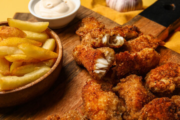 Wooden board of tasty fried codfish with french fries on table, closeup