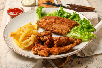 Plate of tasty fried codfish with french fries on grunge background
