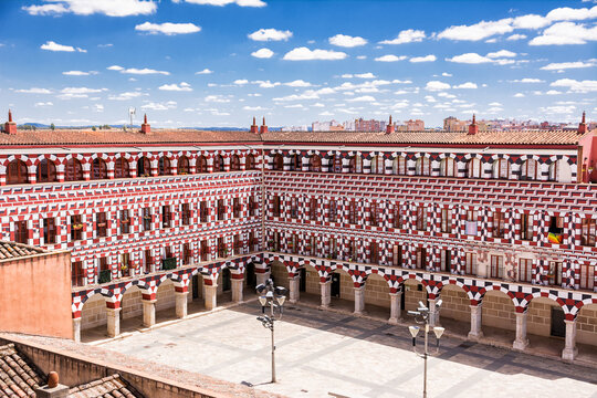 View from above facades of the colorful buildings and houses in the Alta Square in Badajoz (Spain)