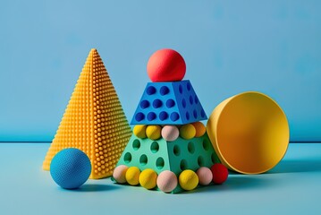 Toys for children. Baby and toddler tower toy with textured plastic multi-ball and silicone pyramid for sensory play. Generative AI