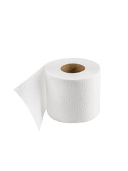 The usual classic roll of white toilet paper is isolated on a white background. Photo
