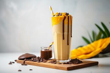 Mango choco milkshake on white table in sunlight. Vertical. Generative AI