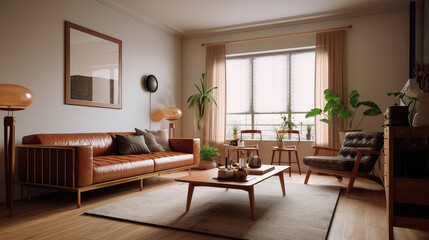 Fototapeta premium warm living room with a brown sofa and a large wooden frame, Scandinavian style. Generative AI