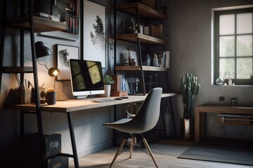 Contemporary workspace with desk, PC, chair & shelves. Generative AI