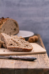 Homemade freshly baked rustic rye or whole wheat sourdough bread with copy space
