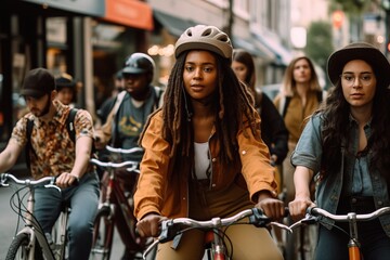 Obraz premium A vibrant image of a diverse group of people enjoying a group bike ride in the city, showcasing inclusivity and empowerment. Generative AI