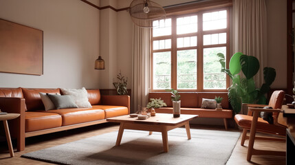 Fototapeta premium warm living room with a brown sofa and a large wooden frame, Scandinavian style. Generative AI
