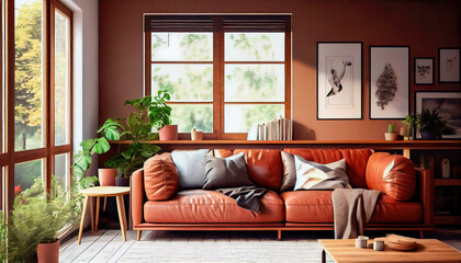 warm living room with a brown sofa and a large wooden frame, Scandinavian style. Generative AI