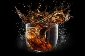 A mix of hot and cold beverages forming a swirl splash, featuring tea, cola, coffee, and alcohol. Isolated and perfect for label and banner designs. Generative AI